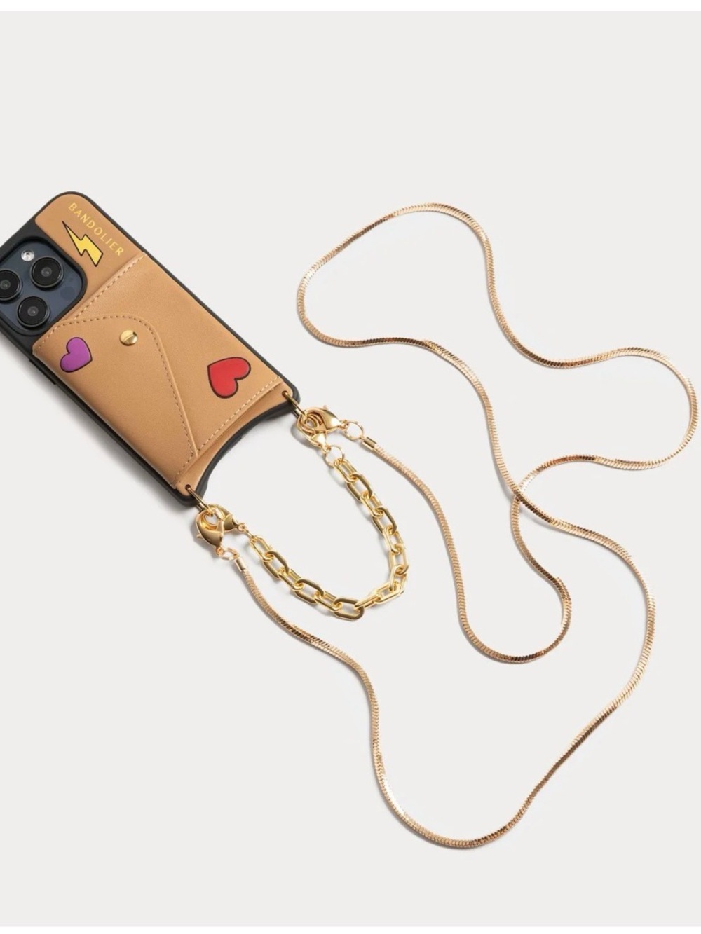 Bandolier Tan Leather Phone Crossbody with Gold Chain & Heart Accents 16 Pro Max